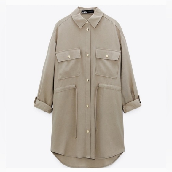 ZARA Lapel Collar Over-shirt Button Jacket/Dress Drawstring Waist M Utility - Picture 9 of 11